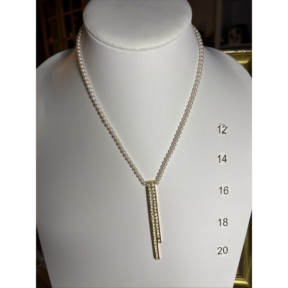 Napier Faux Pearl Crystal Bar Drop Gold Tone Necklace